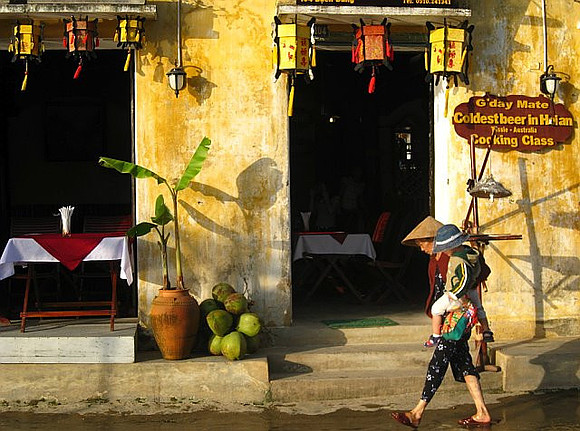 Vietnam street in Hoi An at sunset.